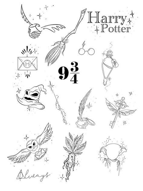 Patchwork tattoo ideas Harry Potter Theme Tattoo, Flash Sleeve, Hedwig Tattoo, Tiny Harry Potter Tattoos, Harry Potter Tattoo Sleeve, Harry Tattoos, Harry Potter Symbols, Hp Tattoo, Tato Minimal