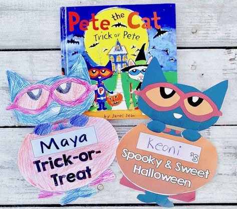 Perfect book craft to accompany the Halloween children's book, "Pete the Cat: Trick or Pete" by James Dean ~ A book about all the sweet and spooky fun of trick-or-treating on Halloween.

Great for Reading Centers for all grade levels! Read aloud the story "Pete the Cat: Trick or Pete" and then encourage students to create their own *Pete the Cat: My Spooky Halloween* Crafts to share what they think is spooky and sweet about Halloween. Pete The Cat Halloween, Bookish Crafts, Spooky Halloween Crafts, Sweet And Spooky, Halloween Books For Kids, Book Craft, Haunted Halloween, Cat Hacks, October Halloween