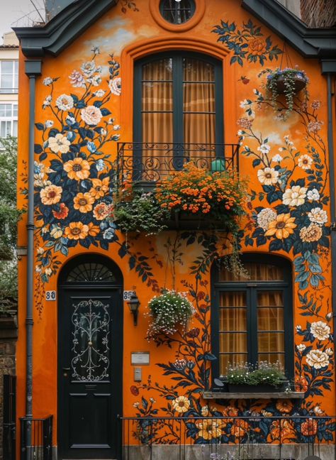 Funky Houses Exterior, Eclectic House Exterior, Unique House Colors Exterior, Colorful Home Exterior, Orange House Exterior, Blue Exterior House Colors, Orange Front Door, Vintage Boho Bedroom, Academia House