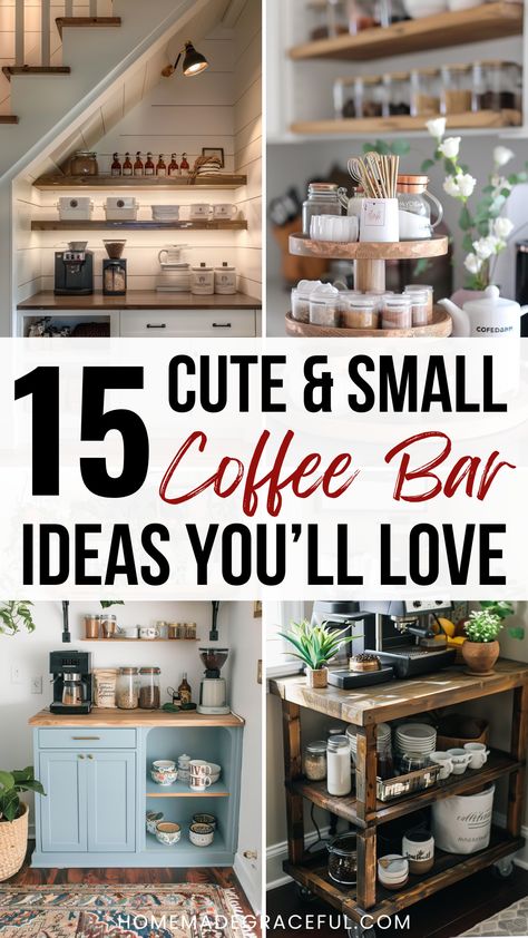 coffee bar ideas Country Kitchen Coffee Bar, Coffee Bar And Storage Ideas, Coffee And Tea Station Countertop Kitchen, Coffee Bar In Corner, Ikea Kallax Hack Coffee Bar, Small Countertop Coffee Station, Coffee Bar Ideas Keurig, Small Coffee Counter Ideas, Coffee Station Keurig