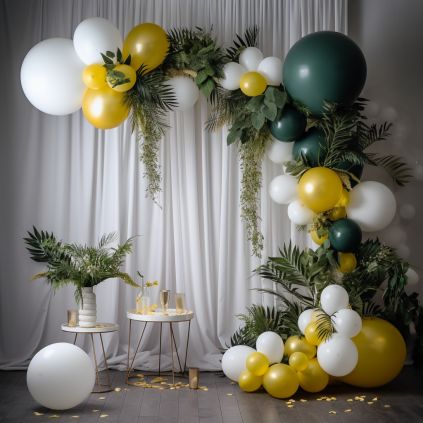 A yellow-themed birthday decoration radiates positivity and happiness, enveloping guests in a warm and welcoming ambiance. The combination of yellow decor elements, cheerful balloons, and floral accents creates a celebration that's full of sunshine and joy. Yellow And Green Balloon Arch, Yellow Birthday Parties, Green Bridal Showers, Balloons Galore, 62nd Birthday, 60th Bday, Monkey Baby Shower, Gender Reveal Party Theme, Yellow Party