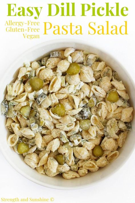 Dill Pickle Pasta Salad (Gluten-Free, Vegan) | Strength and Sunshine | This easy Dill Pickle Pasta Salad is a must for all pickle lovers! Gluten-free and vegan, this pickle pasta salad is cool, creamy, tangy, and salty with the perfect amount of real pickle crunch and fresh herby dill! This healthier allergy-free side dish recipe is just 7 ingredients, perfect for potlucks, cookouts, BBQs, and quick weekly meal prep! Vegan Dill Pickle Pasta Salad, Gluten Free Pasta Salad Recipes, Pickle Pasta Salad, Pickle Wraps, Pickle Pasta, Dill Pickle Pasta Salad, Gluten Free Pasta Salad, Dairy Free Pasta, Weekly Meal Prep