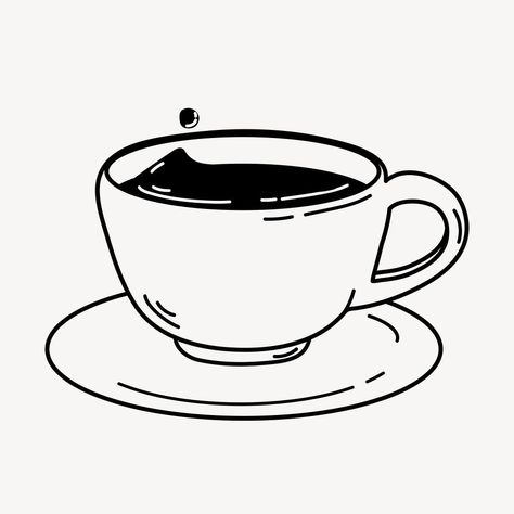 Aesthetic Coffee Drawing, Black Coffee Drawing, Cartoon Black And White Aesthetic, Coffee Elements Illustrations, Coffee Cartoon Aesthetic, Espresso Cup Tattoo, Espresso Tattoo, Coffee Line Drawing, Cup Of Coffee Illustration