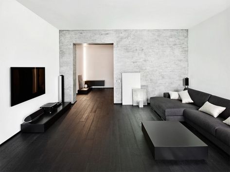 Dark Brown Hardwood Floors, Dark Brown Wood Floors, Black Laminate Flooring, Wall Color Combination, Home Theater Installation, Interior Contemporary, Dark Wood Floors, Audio Room, Table Rug