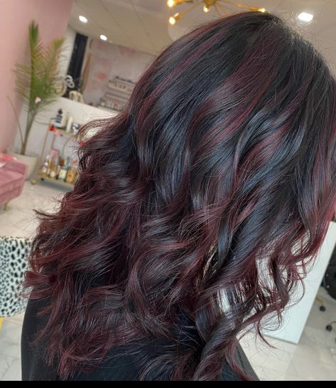 Dark Brown Hair Red Lowlights, Burgundy Partial Highlights, Black Hair With Highlights Burgundy, Auburn Hair On Dark Hair, Dark Brown With Tint Of Red, Partial Red Balayage, Dark Brown With Red Lowlights, Red Gloss On Black Hair, Red Low Lights For Black Hair