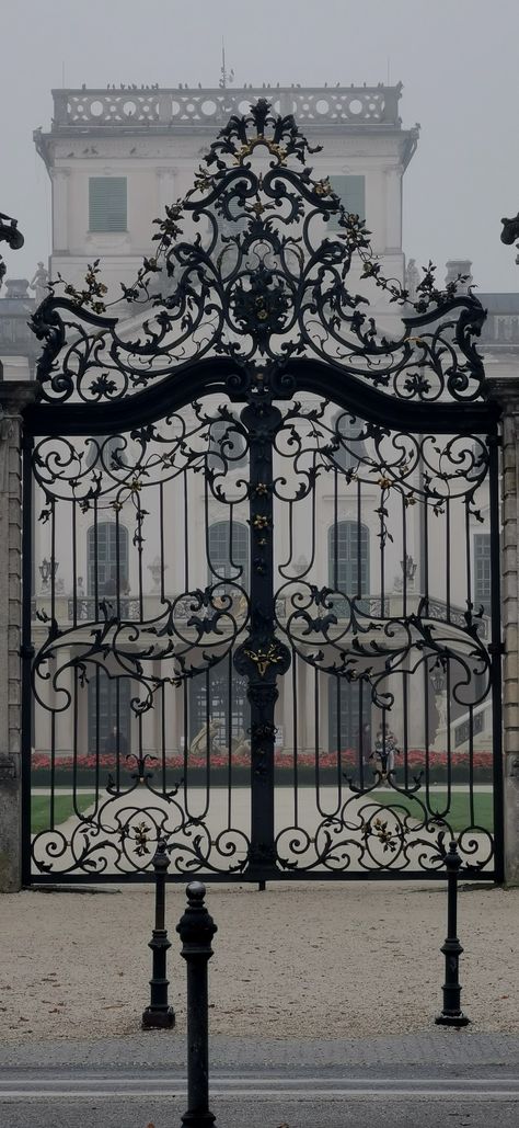 Gothic Gates Entrance, Black Gates Entrance, Witch Film, Victorian Gate, Gothic Gate, Fancy Gate, Black Palace, Royal Doors, Regency Architecture