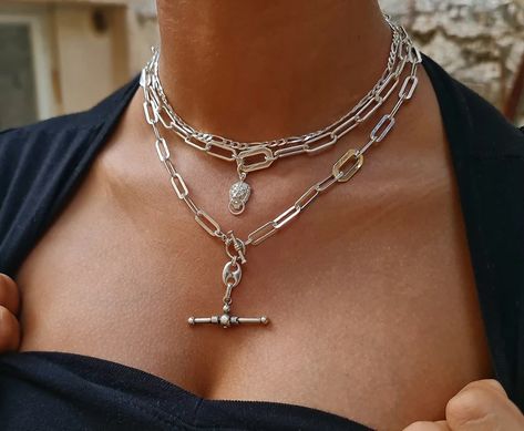 Set of 3 Necklace T Bar Necklace Lion Necklace Lariat | Etsy T Bar Necklace, Bracelets Aesthetic, Chunky Silver Necklace, Lion Necklace, Lion Pendant, Silver Necklace Set, Layered Necklaces Silver, Toggle Necklace, Necklace Chunky