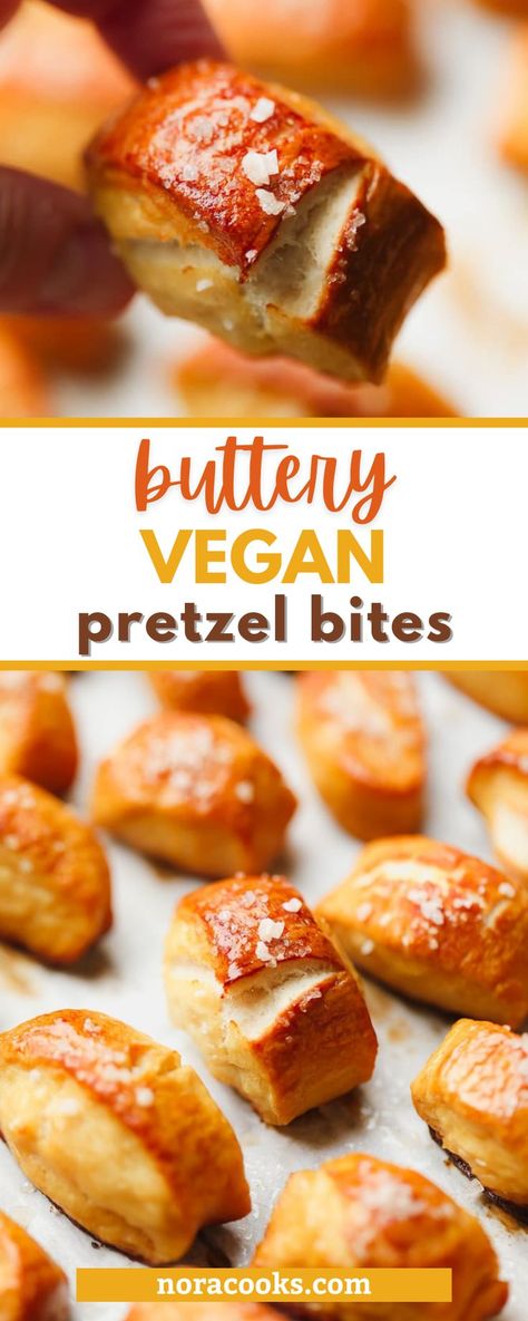 With only 6 ingredients, you will have soft, buttery pretzels at home in just 30 minutes. Perfect for parties or game day, these little pretzel bites are soft, chewy, salty and are begging to be dipped in cheese sauce! The dough doesn’t need any rise time and it won’t stick to your hands. Vegan Pretzel Bites, Nora Cooks Vegan, Vegan Wings, Nora Cooks, Baking Soda Bath, Meal Planning App, Vegan Party Food, Vegan Snack Recipes, Vegan Party