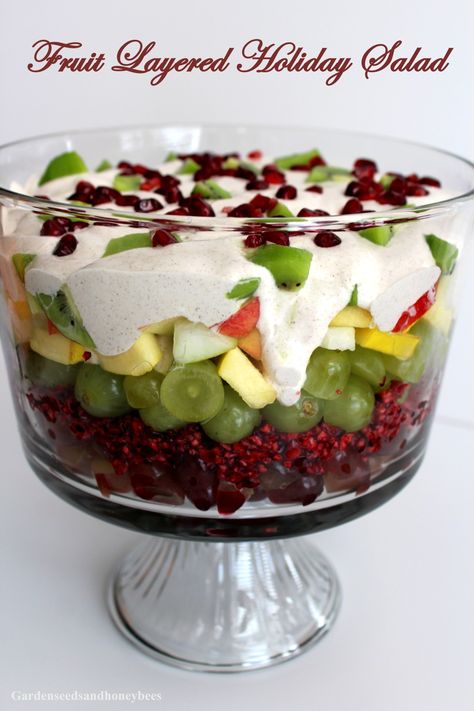 Fruit Layered Holiday Salad Salad Recipes For Christmas, Recipes For Christmas Dinner, Christmas Fruit Salad, Holiday Salad, Trifle Recipes, Whipped Yogurt, Recipes For Christmas, Best Fruit Salad, Holiday Salads