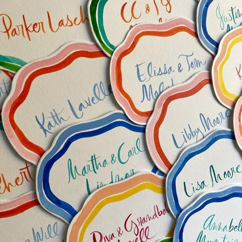 Painted Place Cards, Colorful Place Cards, Hand Painted Place Cards, Illustrated Place Cards, Handwritten Table Cards, Wedding Place Cards Handwritten, Handwritten Wedding Place Cards, Laura Lines Calligraphy, Hand Painted Wedding Stationery