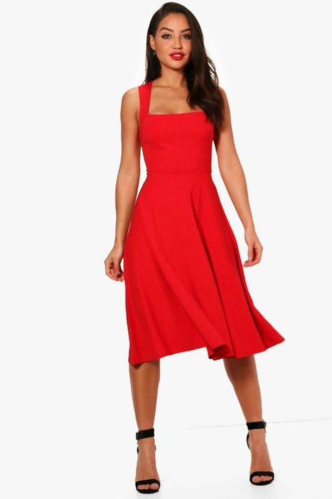 boohoo Eva Square Neck Midi Skater Dress  #affiliate #oybpinners Dress For Wedding Guest, Red Skater Dress, Midi Skater Dress, Dress For Wedding, Square Neck Dress, Ballroom Dress, Bodycon Fashion, Dresses Uk, Midi Length Dress