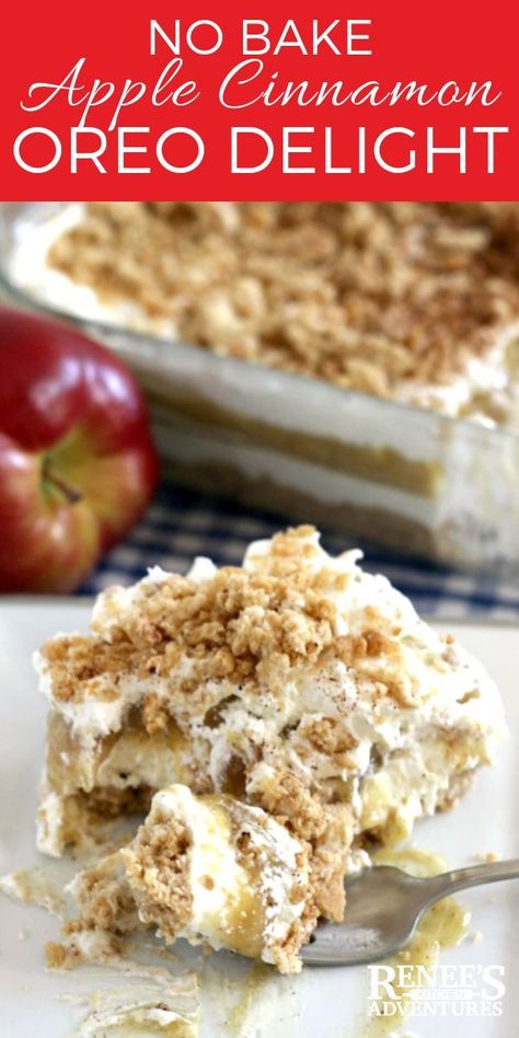 Apple Cinnamon Oreo Delight | Renee's Kitchen Adventures - easy, no bake dessert recipe full of apple and cinnamon flavors of Fall. Perfect dessert recipe for pot luck dinners and Thanksgiving and Christmas holidays! #Oreodelight #oreopuddingdessert #oreo Oreo Delight, Oreo Desserts, Layered Dessert, Apple And Cinnamon, Potluck Desserts, Fall Desserts Easy, Easy No Bake, Pot Luck, Easy No Bake Desserts