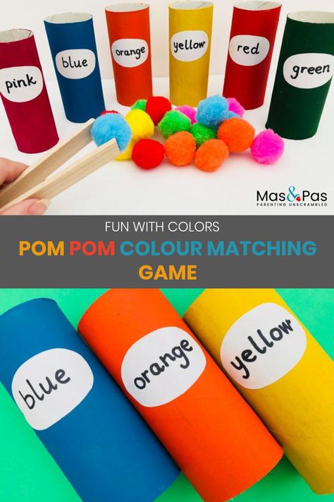 Have fun with colors with this easy pom pom game which will help your toddler learn all about colors. The aim of the game is simple. Your child has to pick up pom poms and ‘post’ them in the coloured tube that matches. You can make this game using primary and most common colours at first then extend it by painting your cardboard tubes with some more unusual colours, such as turquoise, violet and burgundy to widen their colour knowledge. #learningactivity #kidsactivity #learningfun Pre Schooler Craft Activities Ideas, Colour Recognition Activities Preschool, Colour Recognition Activities Toddlers, Colour Recognition Activities, Pre Nursery Activities, Pre Schooler Activities Ideas, Pre Schooler Crafts, Learning Colors Activities, Colour Monster