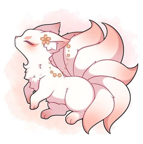 Sakura Kitsune, Foxes Art, Mythical Creatures Drawings, Cute Fox Drawing, Fox Drawing, Kitsune Fox, Cute Animal Drawings Kawaii, Creature Drawings, Fantasy Creatures Art