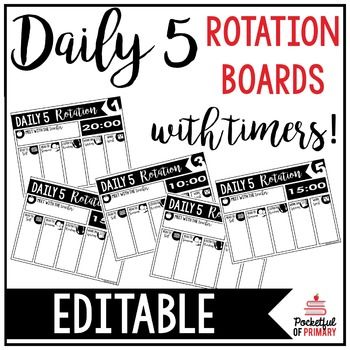 These EDITABLE Daily 5 rotation boards are perfect for displaying your Daily 5 rotations all in one place WITH TIMERS! There are 5 rotation boards and each has 3 different timer options: 20 minutes, 15 minutes, and 10 minutes. Daily 5 Schedule, Pocketful Of Primary, Daily 5 Posters, Teaching Board, Center Rotations, Daily Five, Teachers Corner, Choice Boards, Becoming A Teacher