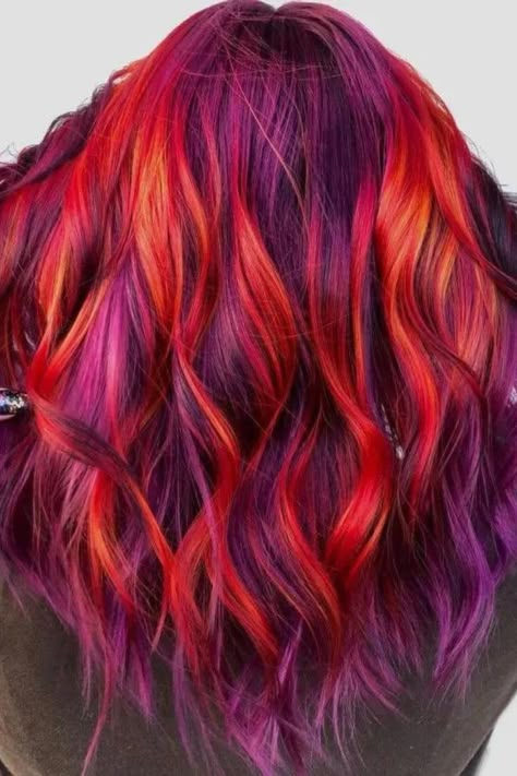 Red Highlights On Purple Base Red Purple Hair Color, Purple Hair Ideas, Red Purple Hair, Purple Hair Color Ideas, Red Orange Hair, Purple Hair Color, Sunset Hair, Luxury Purple, Arctic Fox Hair Color