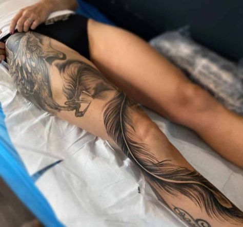 Leg Sleeve Phoenix Tattoo Phoenix Wrap Around Tattoo, Leg Phoenix Tattoos Women, Woman Pelvis Tattoo, Phoenix Leg Sleeve Tattoo, Phoenix Tattoo Feminine Leg, Awesome Leg Tattoos, What Goes With A Phoenix Tattoo, Phoenix Tattoo Design Feminine Leg, Phoenix Tattoo Feminine Hip Thigh