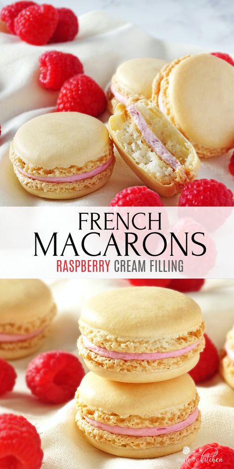 These Macarons with Raspberry Filling are out of this world! Sweet cookies filled with delicious raspberry cream cheese filling. #macarons #dessert #frenchmacarons #macaroons #olgainthekitchen #raspberry #frosting #cookies #holiday Macarons Flavors, Macaroon Filling, Easy Birthday Desserts, Easy Macaroons Recipe, Macaron Pistache, Frosting Cookies, Raspberry Macaroons, French Macaroon Recipes, Macaron Recipes