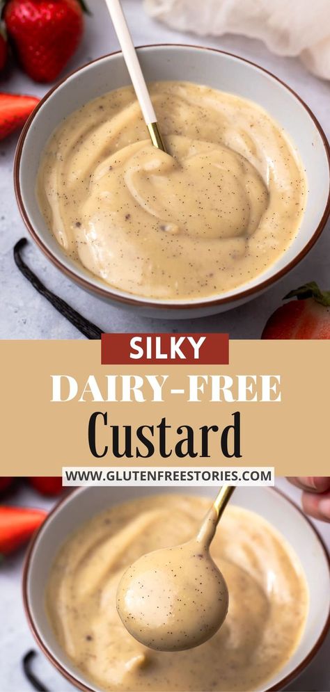 two photos showing a bowl with creamy dairy-free custard Dairy Free Custard, How To Make Custard, Easy Custard, Lactose Intolerance, Gluten Free Egg Free, Dessert Options, Indulgent Desserts, Vegan Condiments, Vegan Butter