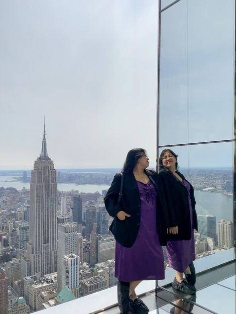 purple satin dress paired with black oversized coat and chunky loafers #nycoutfits #newyork #empirestatebuilding #newyorkcity #plussizefashion #plussizeoutfits Purple Satin Dress, Nyc Outfits, Chunky Loafers, Purple Satin, Oversized Coat, Satin Dress, Empire State Building, Satin Dresses, Plus Size Fashion