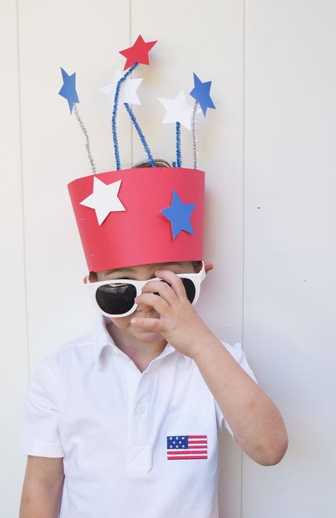 Easy DIY patriotic craft for kids: firecracker crown, patriotic hat, 4th of July craft for Kids, Memorial Day craft for kids, red white and blue crafts Fourth Of July Hat Craft, 4th Of July Crowns For Kids, 4th Of July Tshirt Crafts For Kids, Military Crafts For Toddlers, American Flag Craft Kindergarten, Fourth Of July Crafts For Kids, Patriotic Hats, Blue Crafts, 4th July Crafts