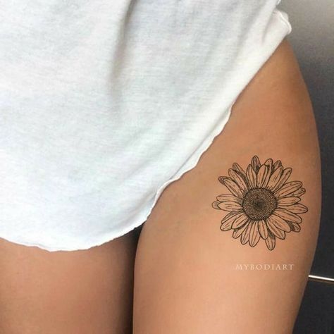 Sunflower Tattoo On Leg, Daisy Thigh Tattoo, Sunflower Tattoo Thigh, W Tattoo, Tattoo Sheets, Stomach Abs, Flower Thigh Tattoos, 2 Tattoo, Tattoo Sheet