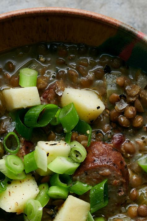 Lentil Soup With Smoked Sausage and Apples Recipe - NYT Cooking Lentil Soup With Sausage, Soup With Smoked Sausage, Sausage And Apples, Creamy Lentil Soup, Bouillabaisse Recipe, Indonesian Chicken, Lentil Sausage Soup, Soup With Sausage, Thick Stew