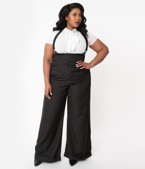 Unique Vintage Plus Size Black & White Pin Stripe Thelma Suspender Pan Wedding Cocktail Attire For Women Plus Size, Witchy Fashion Plus Size, Plus Size Victorian Fashion, Nonbinary Wedding Attire, Queer Fashion Plus Size, Plus Size Dark Academia Fashion, Plus Size Corporate Goth, Corporate Goth Plus Size, Plus Size Androgynous Fashion