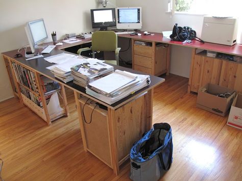 Laminated top plywood desks. Diy Large Desk, Door Blanks, Ivar Desk, Ivar Studio, Ivar System, Ivar Shelf, Ikea Workspace, Ivar Ideas, Ivar Shelving