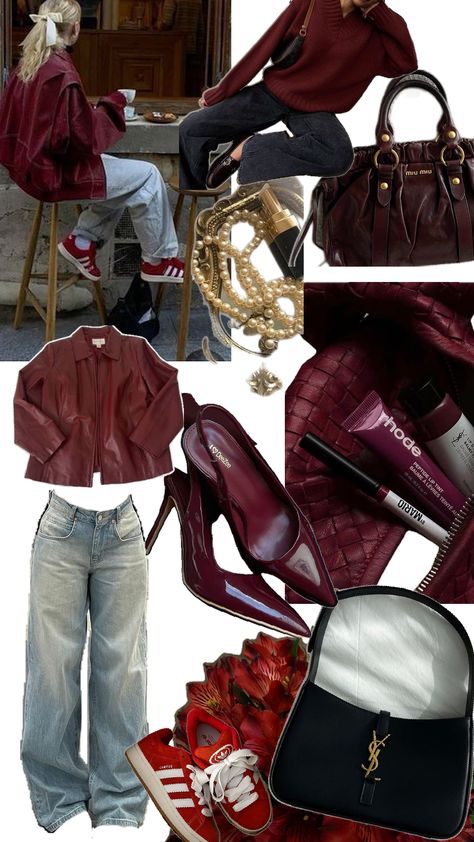 Burgundy colour, autumn colour, autumn aesthetic, red, black, pink, miu miu bag, burgundy sweater, woollen sweater, knitted sweater, red leather jacket, burgundy leather jacket, girly, jewellery, gold jewellery, burgundy heels, Adidas campus 00 red, Rhode lipgloss aesthetic, Rhode, bottega veneta bag burgundy, YSL handbag, shoulder bag, flowers, winter outfit, autumn outfit, spring outfit, downtown aesthetic, street style, dark coquette, cute Burgundy Bag Outfit, Pink Adidas Outfit, Burgundy Leather Jacket Outfit, Outfit Inspo Tiktok, Red Heels Outfit, Miu Miu Sweater, Red Bag Outfit, Lipgloss Aesthetic, Woollen Sweater