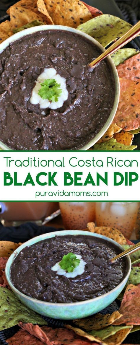 This traditional Costa Rican black bean dip recipe is the perfect party food. Vegetarian, vegan and perfect for dipping plantain chips, tortilla chips, or making seven layer dip, you will love how easy this black bean dip recipe is to make! Party Food Vegetarian, Black Bean Dip Recipe, Bean Dip Recipe, Vegan Chips, Recetas Salvadorenas, Costa Rican Food, Bean Dishes, Recetas Puertorriqueñas, Bean Dip Recipes