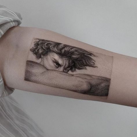 Fallen Angel Tattoo, Italian Tattoos, Portrait Tattoos, Knight Tattoo, Greek Mythology Tattoos, Angel Tattoo Designs, Creepy Tattoos, Neck Tattoos, Mythology Tattoos