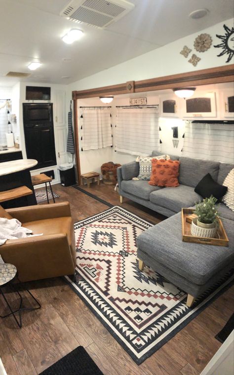 Camper Renovation Living Room, Tiny Living Room Makeover, Couch For Camper, Boho Rv Living Room, Permanent Camper Living, Rancher Living Room Ideas, Camper Living Room Remodel, Camper Living Room Decor, Living Room Trailer Mobile Homes