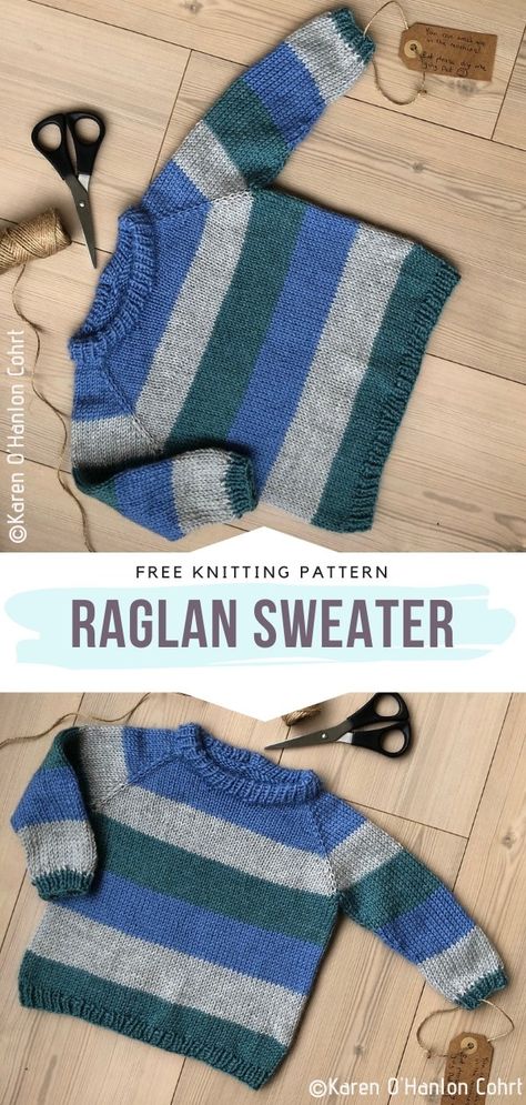 Raglan Sweater Free Knitting Pattern Who doesn't know the power of horizontal stripes yet? We all do! Knit this simple sweater with classic cut and neckline for your little bundles of joy to wear this season. You can go for cool tones like the brilliant author did or choose something different instead. #knitpullover #knitchildrenpullover #knitsweater #knitchildrensweater #freeknittingpattern Kids Sweater Pattern, Boys Knitting Patterns Free, Knitting Patterns Boys, Kids Knitting Patterns, Knitting Patterns Free Sweater, Baby Boy Knitting Patterns, Baby Sweater Patterns, Jumper Knitting Pattern, Baby Sweater Knitting Pattern