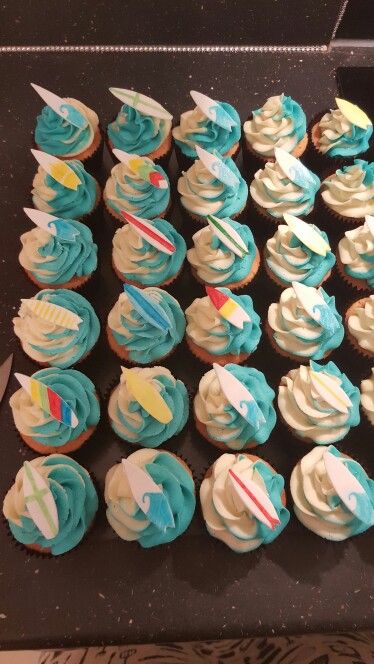 My surf cupcakes for cafe blu, newquay x The Big One Surf Birthday Cupcakes, Surfer Cupcakes, Surf Themed Cupcakes, Surfing Cupcakes, Surf Cupcakes, Surfboard Cupcakes, Surf Birthday Cupcakes, Surfing Theme Cake, Surfing Cakes