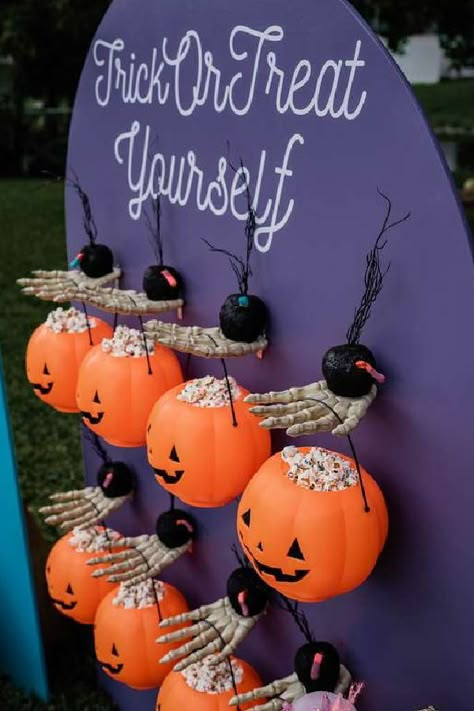 Check out this creepy Halloween Soiree! The 'trick or treat' wall is such a cool idea! See more party ideas and share yours at CatchMyParty.com Halloween Event Decorations, Halloween Diy Party Favors, Halloween 1 Birthday Party, Treat Or Trick Ideas, Halloween Trick Or Treat Stations, Cool Trick Or Treat Ideas, Backyard Halloween Party Decor, Tent Or Treat Decorating Ideas, Halloween Party Trick Or Treat Stations