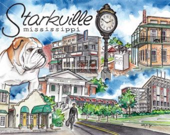 Starkville Mississippi State Bulldogs StarkVegas signed Art Print Artwork Watercolor Painting Starkville Mississippi, Msu Bulldogs, Bulldog Artwork, Hail State, Mississippi State University, Mississippi State Bulldogs, Go Dawgs, Bulldog Art, Mississippi State