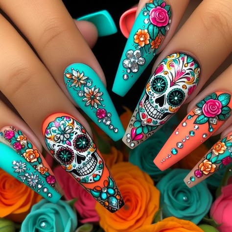 Mexico Inspired Nails Art Designs, Sugar Skull Nails Acrylic, Bright Halloween Nails, Dia De Los Muertos Nail Ideas, Nails For Mexico, Day Of The Dead Nails, Summer Nails Extra, Cute Funky Nails, Sugar Skull Nails