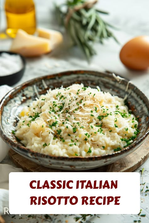 Authentic Italian Risotto is a comforting dish made with Arborio rice, Parmesan cheese, and a broth.This traditional recipe is perfect for any occasion Best Risotto Recipes Dinners, Italian Risotto Recipes, Starvin Marvin, Italian Dinner Ideas, Italian Risotto, Foreign Recipes, Italian Side Dishes, Best Risotto, Italian Main Dishes