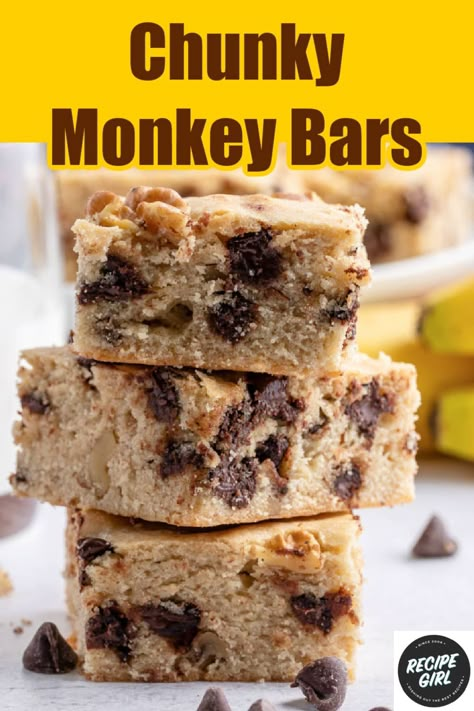 Monkey Bars Recipe, Chunky Monkey Brownies, Bars Dessert, Streusel Bars, Banana Dessert Recipes, Banana Bars, Banana Walnut, Chunky Monkey, Banana Dessert