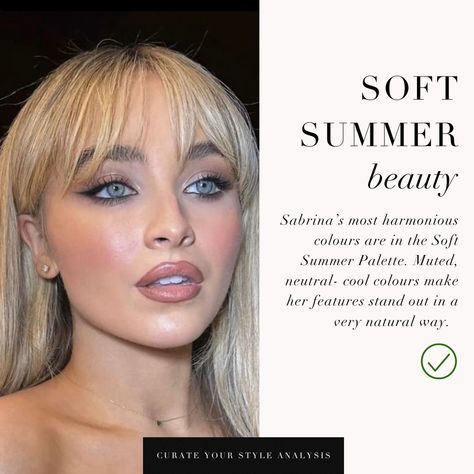 What are your thoughts on Sabrina with deep and soft makeup looks? Whilst she looks divine, in softer makeup colours her beauty shines even more 🤍⁠ ⁠ #coloranalysis #colouranalysis #coloranalyst #winterpalette #summerpalette #softsummer Make Up For Soft Summer Type, Soft Summer Foundation, Soft Spring Makeup Looks, Cool Summer Colour Palette, Soft Summer Eye Makeup, Soft Spring Makeup, Light Spring Makeup Look, Soft Summer Eyes, Cool Summer Makeup Looks