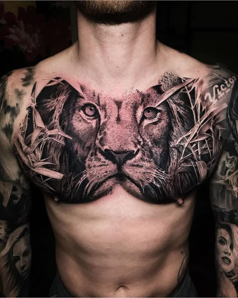 Impressive Tattoos, Shoulder Cover Up Tattoos, Family Sleeve Tattoo, Chest Neck Tattoo, Lion Chest Tattoo, Eagle Chest Tattoo, Flower Neck Tattoo, Lion Shoulder Tattoo, Chest Tattoo Drawings