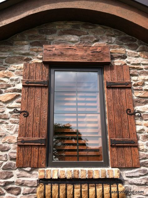 Our shutters are available in a variety of wood species - Pecky Cypress (in photo), Clear Cypress, Mahogany, Ash, and Hand Hewn. These species can be stained to any of our colors - contact us for a sample. #fatezzi #homebeautification #fauxwood #shutters #gofaux Window Shutters Exterior, Outdoor Shutters, Rustic Shutters, Cedar Shutters, Pecky Cypress, Shutter Designs, House Shutters, Diy Shutters, Wooden Shutters