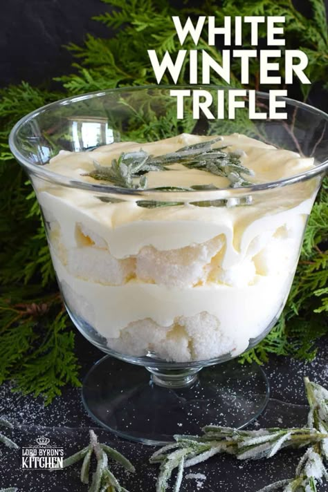 Everyone dreams of a white Christmas, or at least I do! If mother nature fails to deliver, one can always find comfort in a delicious, light, and fluffy dessert like this White Winter Trifle! Layers of angel food cake and homemade white chocolate whipped cream combine to make the most purely elegant treat! #trifle #winter #white #nobake #ganache #angelfood Winter Trifle, White Chocolate Whipped Cream, Homemade White Chocolate, Christmas Trifle, Dairy Recipes, Chocolate Whipped Cream, Trifle Bowl, Trifle Desserts, Layered Desserts