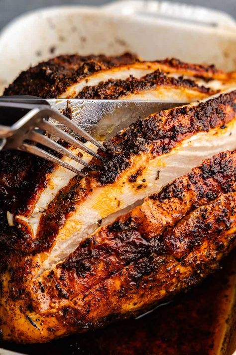 Cajun Roasted Turkey Breast - The Stay At Home Chef Cajun Turkey Breast Recipe, Cajun Roasted Turkey, Easy Roasted Turkey, Cajun Turkey Breast, Cajun Turkey Recipe, Slow Cooker Scalloped Potatoes, Bacon Gravy, Cajun Turkey, The Stay At Home Chef