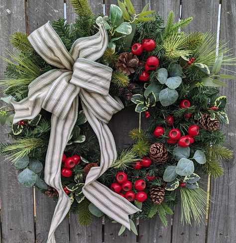 Christmas Wreath / Rustic Christmas Ticking Bow Christmas - Etsy Christmas Rustic Wreath, 2023 Christmas Wreath Trends, Christmas Wreaths Outside, Double Door Wreath Ideas, Country Christmas Wreaths, Farmhouse Door Wreath, Pine Wreaths, Christmas Florals, Winter Door Decorations