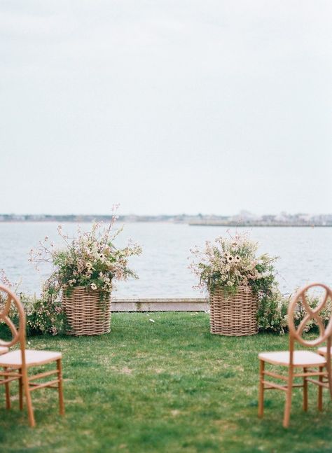 Cottage Wedding Ceremony, Beach Wedding Chair Decor, Basket Florals Wedding, New England Wedding Decor, Flowers In Baskets Wedding, Baskets Of Flowers Wedding, Maine Coastal Wedding, Simple Ceremony Flowers, Basket Wedding Flowers