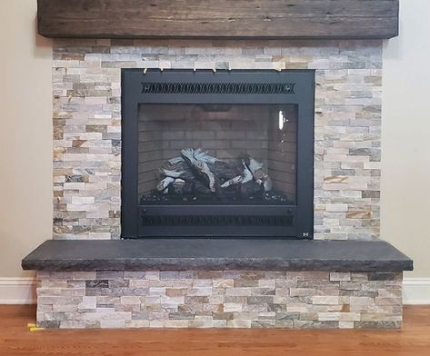 American black - Jet Mist granite fireplace hearth brushed top chiseled edges Black Fireplace Hearth, Granite Fireplace Hearth, Black Granite Fireplace, Granite Fireplace Surround, Fantasy Brown Granite, Fireplace Styles, Hearth Pad, Granite Hearth, Fireplace Facing