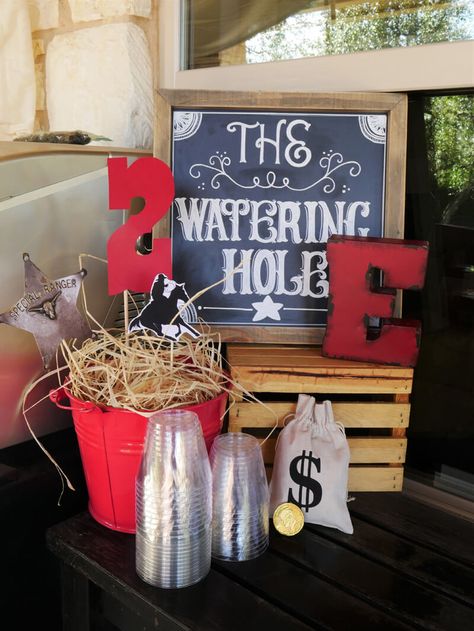 Wild West Birthday Party — Mint Event Design Watering Hole Drink Station, Wild West Party Food, Western Treats, Birthday Party Drink Station, Wild West Party Decorations, Stampede Party, Wild West Party Theme, Wild West Birthday Party, Texas Bar