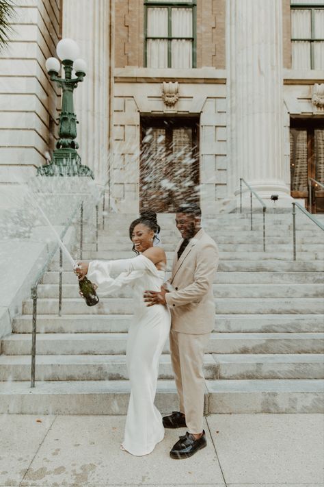 Meshki Giselle Dress, Meshki Giselle, Champagne Engagement Pictures, Courthouse Photos, Courthouse Marriage, Courthouse Ceremony, Elopement Courthouse, City Hall Wedding Photos, Courthouse Wedding Photos